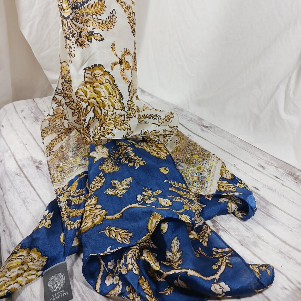 Vince Camuto Silk Scarf White Gold Blue Botanical Floral Long Rectangle 71x17"